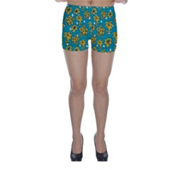 Turquoise And Yellow Floral Skinny Shorts by fructosebat