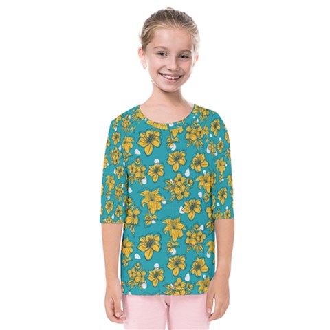 Turquoise And Yellow Floral Kids  Quarter Sleeve Raglan Tee by fructosebat