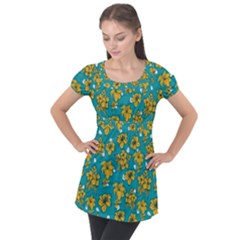 Turquoise And Yellow Floral Puff Sleeve Tunic Top by fructosebat