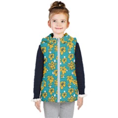 Turquoise And Yellow Floral Kids  Hooded Puffer Vest by fructosebat