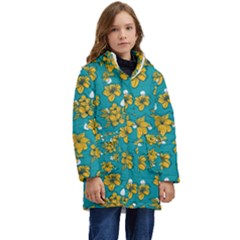 Turquoise And Yellow Floral Kid s Hooded Longline Puffer Jacket by fructosebat