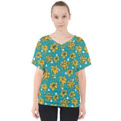 Turquoise And Yellow Floral V-neck Dolman Drape Top by fructosebat