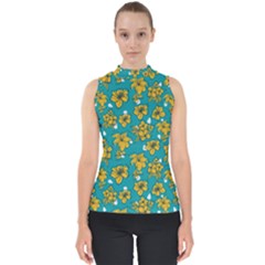 Turquoise And Yellow Floral Mock Neck Shell Top by fructosebat