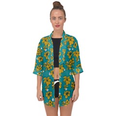 Turquoise And Yellow Floral Open Front Chiffon Kimono by fructosebat