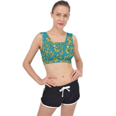 Turquoise And Yellow Floral V-back Sports Bra by fructosebat