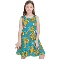 Turquoise And Yellow Floral Kids  Skater Dress by fructosebat