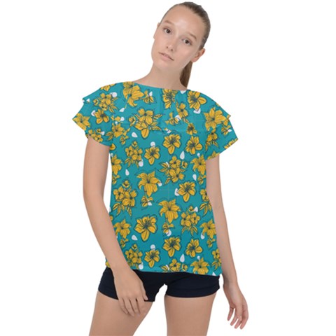 Turquoise And Yellow Floral Ruffle Collar Chiffon Blouse by fructosebat