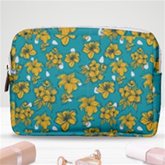 Turquoise And Yellow Floral Make Up Pouch (medium) by fructosebat