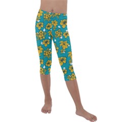 Turquoise And Yellow Floral Kids  Lightweight Velour Capri Leggings  by fructosebat