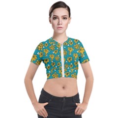 Turquoise And Yellow Floral Short Sleeve Cropped Jacket by fructosebat