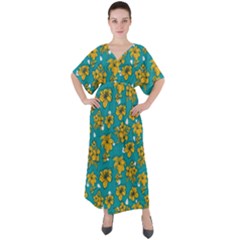 Turquoise And Yellow Floral V-neck Boho Style Maxi Dress by fructosebat