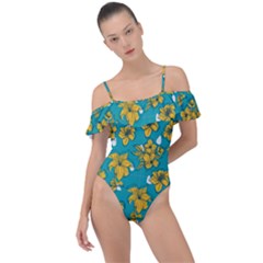 Turquoise And Yellow Floral Frill Detail One Piece Swimsuit by fructosebat