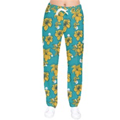 Turquoise And Yellow Floral Women Velvet Drawstring Pants by fructosebat