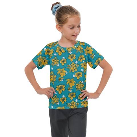 Turquoise And Yellow Floral Kids  Mesh Piece Tee by fructosebat