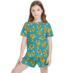 Turquoise And Yellow Floral Kids  Tee And Sports Shorts Set by fructosebat