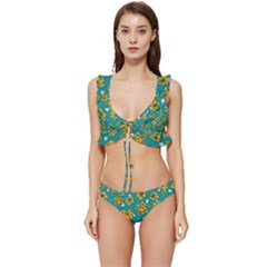 Turquoise And Yellow Floral Low Cut Ruffle Edge Bikini Set