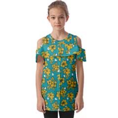 Turquoise And Yellow Floral Fold Over Open Sleeve Top by fructosebat