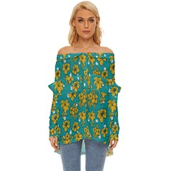 Turquoise And Yellow Floral Off Shoulder Chiffon Pocket Shirt by fructosebat