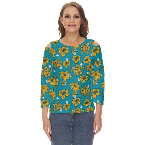 Turquoise And Yellow Floral Cut Out Wide Sleeve Top by fructosebat