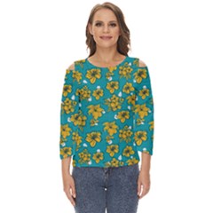 Turquoise And Yellow Floral Cut Out Wide Sleeve Top