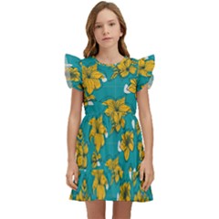 Turquoise And Yellow Floral Kids  Winged Sleeve Dress by fructosebat