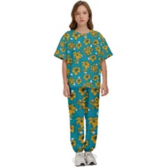 Turquoise And Yellow Floral Kids  Tee And Pants Sports Set by fructosebat