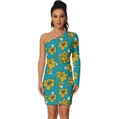 Turquoise And Yellow Floral Long Sleeve One Shoulder Mini Dress