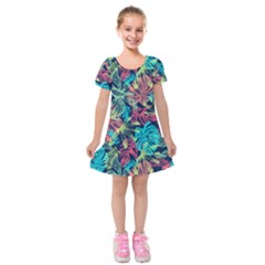 Neon Leaves Kids  Short Sleeve Velvet Dress by fructosebat