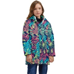 Neon Leaves Kid s Hooded Longline Puffer Jacket by fructosebat