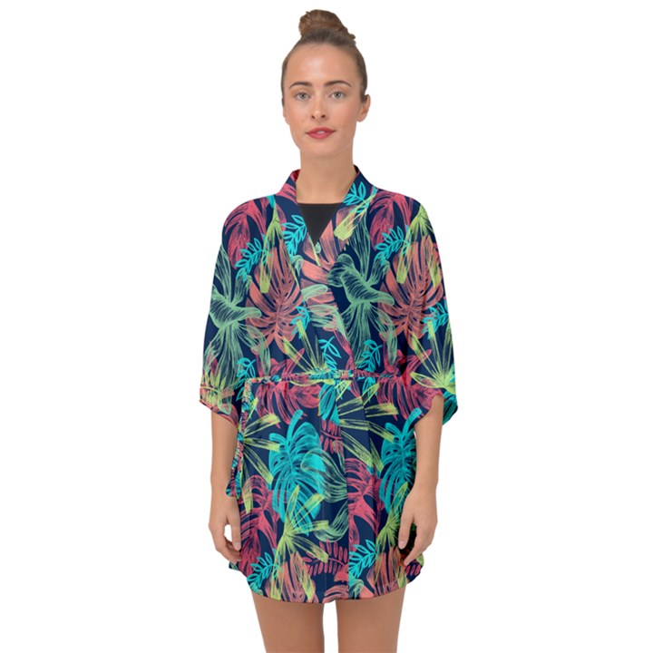 Neon Leaves Half Sleeve Chiffon Kimono