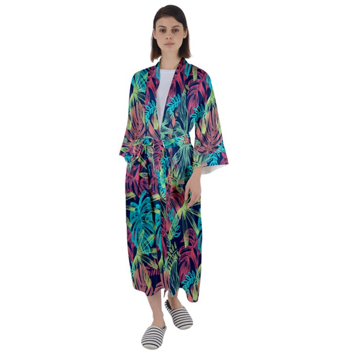 Neon Leaves Maxi Satin Kimono