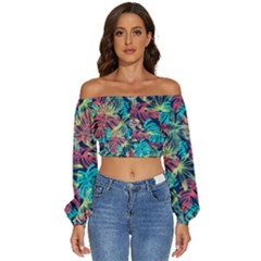 Neon Leaves Long Sleeve Crinkled Weave Crop Top