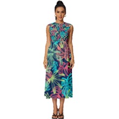 Neon Leaves Sleeveless Round Neck Midi Dress by fructosebat