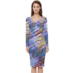 Abstract Ripple Long Sleeve V-neck Bodycon Dress  by bloomingvinedesign