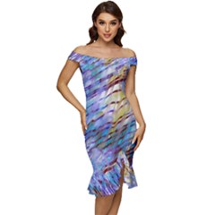 Abstract Ripple Off Shoulder Ruffle Split Hem Bodycon Dress