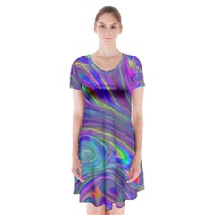 Abstract With Blue Short Sleeve V-neck Flare Dress by bloomingvinedesign