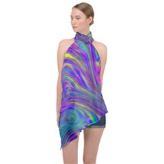 Abstract With Blue Halter Asymmetric Satin Top by bloomingvinedesign