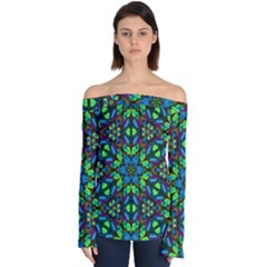 Blue Green Kaleidoscope Off Shoulder Long Sleeve Top by bloomingvinedesign