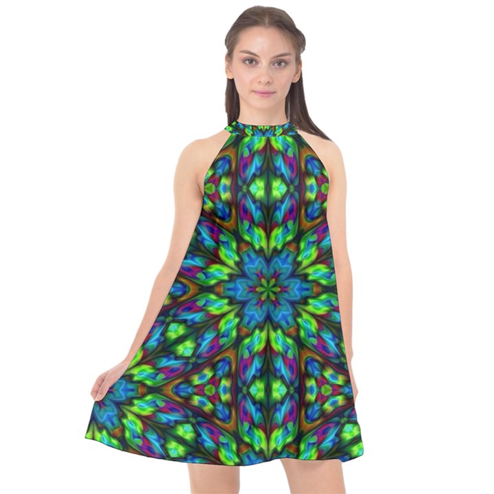 Blue Green Kaleidoscope Halter Neckline Chiffon Dress 