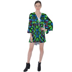 Blue Green Kaleidoscope V-neck Flare Sleeve Mini Dress