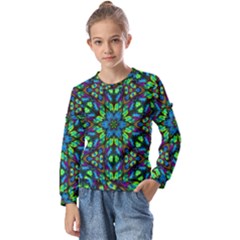 Blue Green Kaleidoscope Kids  Long Sleeve Tee With Frill 