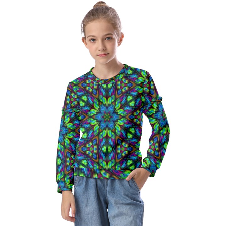 Blue Green Kaleidoscope Kids  Long Sleeve Tee with Frill 