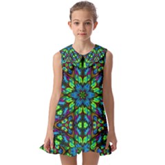 Blue Green Kaleidoscope Kids  Pilgrim Collar Ruffle Hem Dress