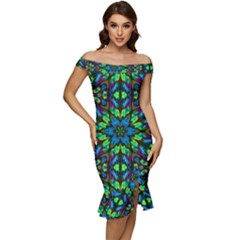 Blue Green Kaleidoscope Off Shoulder Ruffle Split Hem Bodycon Dress by bloomingvinedesign