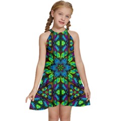 Blue Green Kaleidoscope Kids  Halter Collar Waist Tie Chiffon Dress by bloomingvinedesign