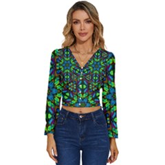 Blue Green Kaleidoscope Long Sleeve V-neck Top by bloomingvinedesign