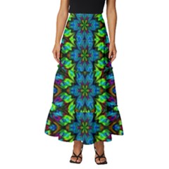 Blue Green Kaleidoscope Tiered Ruffle Maxi Skirt