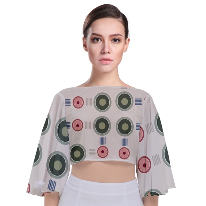 Art Design Round Drawing Abstract Tie Back Butterfly Sleeve Chiffon Top