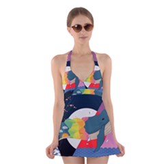 Whale Moon Ocean Digital Art Halter Dress Swimsuit 