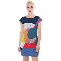 Whale Moon Ocean Digital Art Cap Sleeve Bodycon Dress